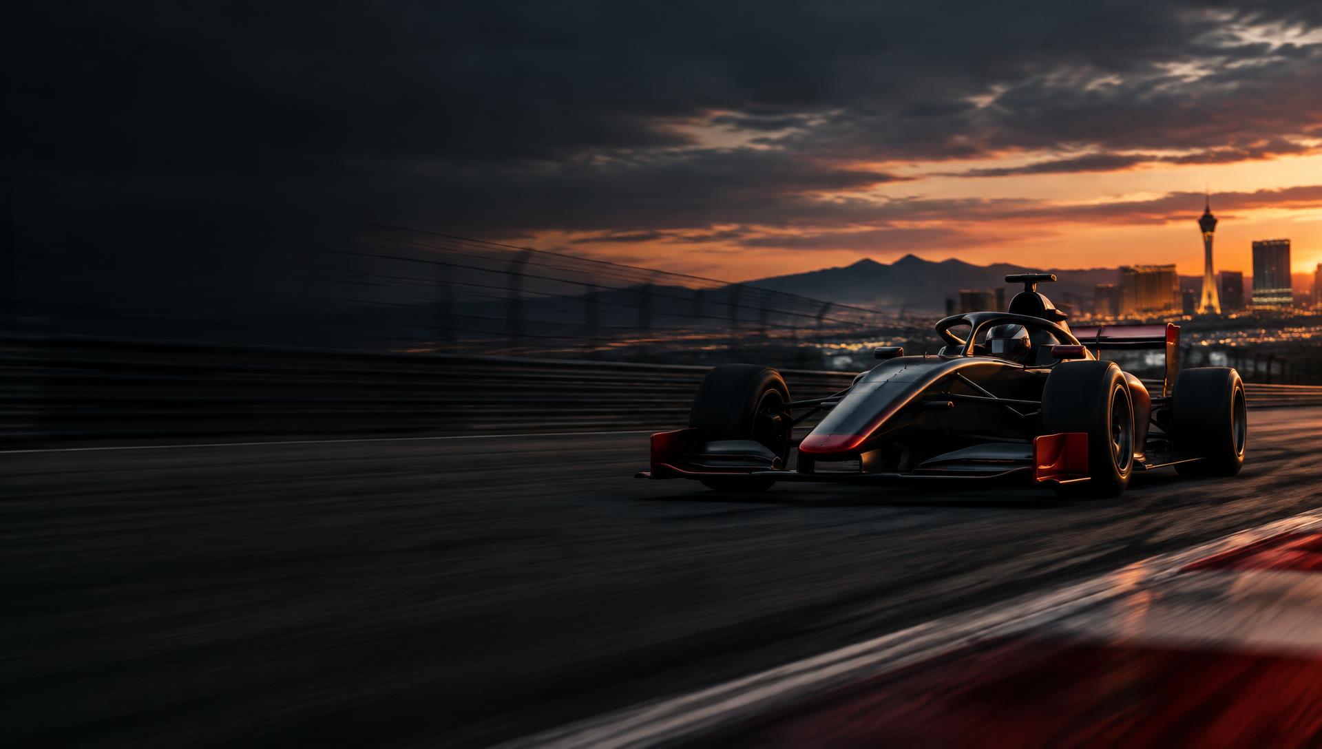 Unbranded open-wheel race car speeding around a track at sunset